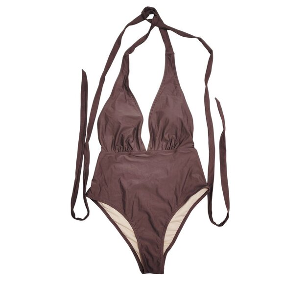 Brown Halter Plunge One-Piece Swimsuit Womens Size M By Cupshe - Picture 1 of 6